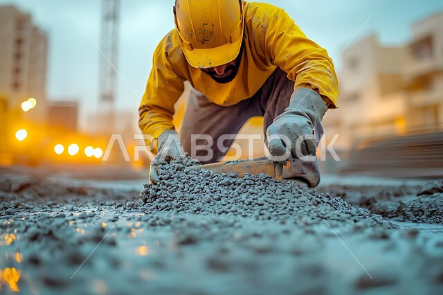 Construction, contracting and real estate development, establishing the foundations for residential projects, building construction and mega projects in the Kingdom of Saudi Arabia, close-up of a Saudi Arabian Gulf worker wearing a helmet and a protective vest pouring concrete at a construction site, youth professions and jobs