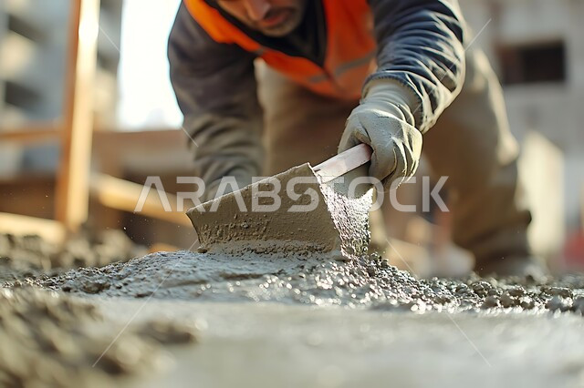 Construction, contracting and real estate development, establishing the foundations for residential projects, building construction and mega projects in the Kingdom of Saudi Arabia, close-up of a Saudi Arabian Gulf worker wearing a helmet and a protective vest pouring concrete at a construction site, youth professions and jobs