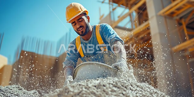 إنشاء الأساسيات للمشروعات السكنية، أعمال البناء والمقاولات والتطوير العقاري, تشييد المباني والمشاريع الضخمة في المملكة العربية السعودية، صورة مقربة لعامل عربي خليجي سعودي يرتدي الخوذة وسترة الحماية يقوم بصب الخرسانة في موقع بناء، مهن ووظائف شبابية