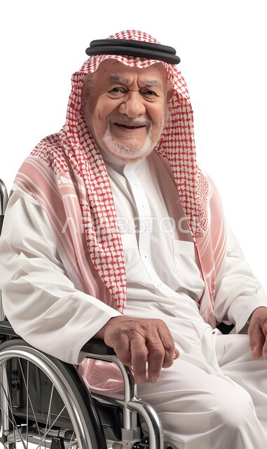 Gestures of cheerfulness and happiness, poor motor ability and difficulty walking, portrait of an elderly Saudi Arabian Gulf man with special needs wearing traditional thobe and shemagh sitting in a wheelchair, white background