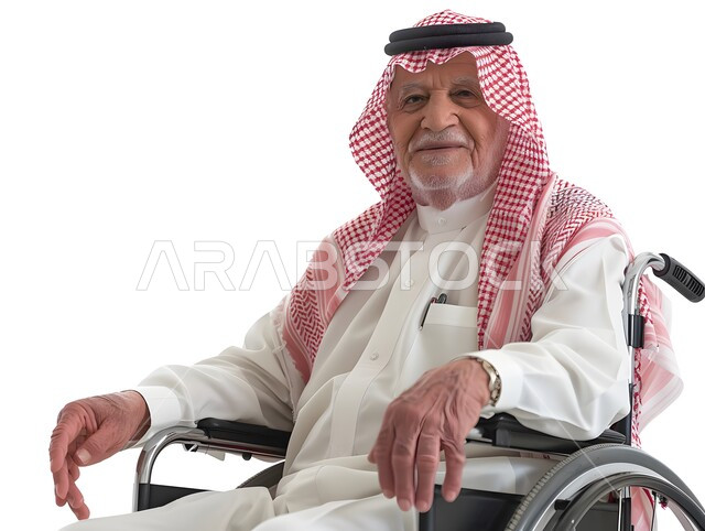 Poor motor ability and difficulty walking, portrait of an elderly Saudi Arabian Gulf man with special needs wearing traditional thobe and shemagh sitting in a wheelchair with cheerful and happy expressions on his face, white background