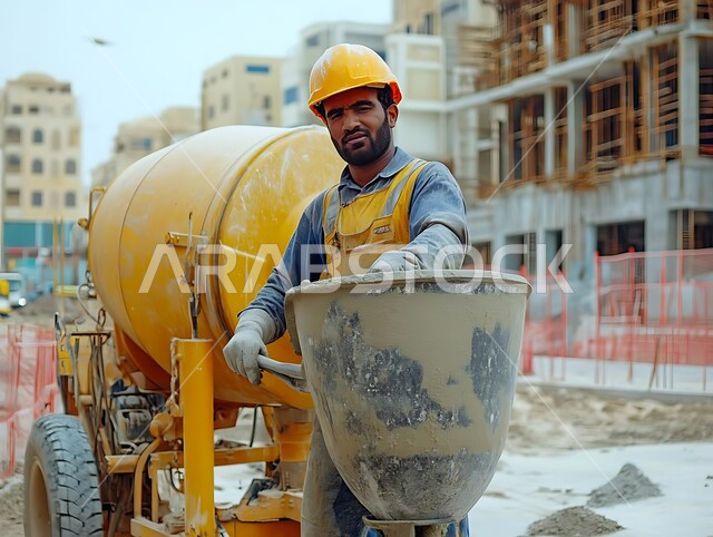 Improving the country's infrastructure, construction and contracting works and laying foundations, a building under construction in Saudi Arabia, a close-up of a Saudi Arabian Gulf worker wearing a helmet and a protective vest pouring concrete at a construction site, youth jobs and professions