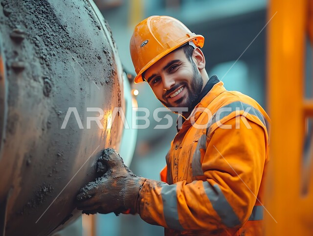 تحسين البنية التحتية للبلاد، اعمال الإنشاءات والمقاولات ووضع الأساسات، مبنى قيد الانشاء في المملكة العربية السعودية، صورة مقربة من الجانب لعامل عربي خليجي سعودي مبتسم يرتدي الخوذة وسترة الحماية يقوم بخلط الاسمنت في شاحنة الخرسانة, مهن ووظائف شبابية
