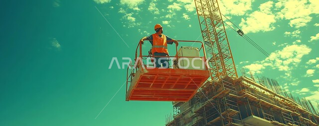 الآلات والمعدات الثقيلة والرافعات والسقالات العالية, مفهوم الهندسة الانشائية والمعمارية, مبنى قيد الانشاء في المملكة العربية السعودية, مهندس عربي سعودي خليجي على الرافعة يقوم بأعمال البناء وصب الخرسانات ووضع الأساسات, تنفيذ مخطط الإعمار وتشكيل الهيكل المعدني