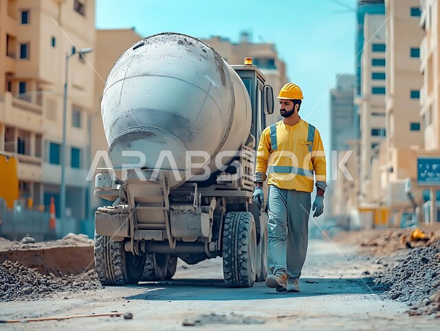 أعمال البناء وصب الخرسانات،صورة مقربة لمهندس عربي خليجي سعودي يرتدي سترة وخوذة الحماية يسير جانب شاحنة خلاطة الخرسانة، الاشراف على الإنشاءات ووضع الأساسيات، الآلات والمعدات الثقيلة في المملكة العربية السعودية، مفهوم الهندسة الانشائية والمعمارية