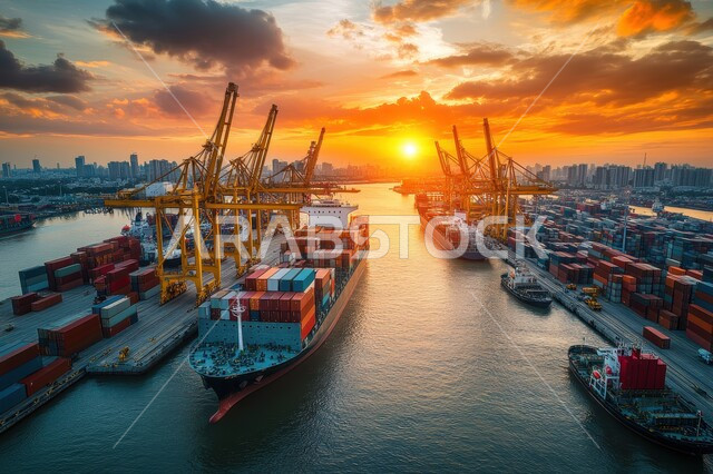 استخدام الرافعات في تعبئة وشحن البضائع التجارية، ازدحام القوارب والسفن في ميناء بحري لنقل البضائع في المملكة العربية السعودية في وقت الغروب، مرفأ تجاري لتوصيل السلع والمنتجات المحلية في البحار، التجارة والصناعة والاقتصاد البحري