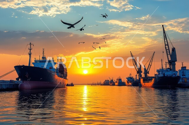 الاقتصاد البحري لنقل واستلام كونتينرات التخزين, تصدير واستيراد البضاعة في المملكة العربية السعودية, استخدام الرافعات في تعبئة وشحن البضائع و الحاويات التجارية، تجارة السلع والمنتجات المحلية عبر السفن في البحار وقت الغروب