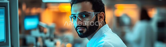 تطور التقنية والتكنولوجيا في المجال العلمي والصحي، مهن مستقبلية في استخدامات حساسة ، صورة مقربة لطبيب مخبري عربي خليجي سعودي يرتدي المعطف الأبيض ينظر للكاميرا بتعابير الفخر والثقة، مختبرات الفحوصات الطبية والتحاليل الكيمائية  