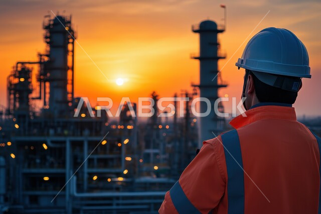  متابعة سير الاعمال في المصانع والمعامل، العمل في مجال الصناعات البيتروكيماوية، خطوط الأنابيب والكابلات الفولاذية، مفهوم إنتاجية الغاز في المملكة العربية السعودية، صورة من الخلف لمهندس عربي خليجي سعودي يرتدي السترة وخوذة الحماية يعمل في مصنع تكرير النفط والغاز