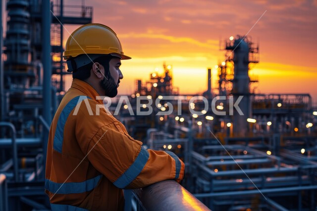 مفهوم إنتاجية الغاز في المملكة العربية السعودية، صورة من الجانب لمهندس عربي خليجي سعودي يرتدي السترة وخوذة الحماية يعمل في مصنع تكرير النفط، متابعة سير الاعمال في المعامل وقت الغروب، العمل في مجال الصناعات البيتروكيماوية، خطوط الأنابيب والكابلات الفولاذية
