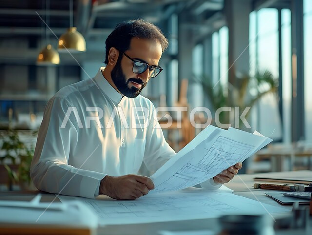 النهضة في مجال الإنشاءات الهندسية والمعمارية في السعودية, صورة مقربة من الجانب لمهندس عربي خليجي سعودي يرتدي الزي التقليدي يمسك مخططات الإعمار بيديه ضمن مقر الشركة, النظر إلى المخطط بدقة وتركيز، مراجعة وعرض مخطوطات المشاريع بشكل كامل, إدارة ومتابعة المشروع