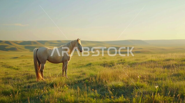 الاهتمام والعناية بالجياد في السهول ، تربية ورعاية الخيول في المحميات الطبيعية، خيل عربي أصيل يقف على العشب  وقت غروب الشمس المملكة العربية السعودية، رمز الفروسية والشجاعة