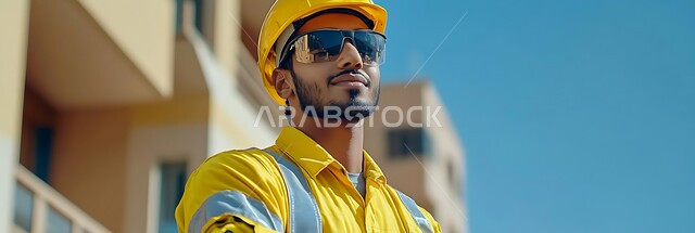 تطور ونمو القطاع الهندسي في المملكة، الاشراف على المشاريع في موقع العمل، صورة لمهندس شاب عربي خليجي سعودي يرتدي سترة وخوذة الحماية والنظارات الحساسة ينظر الى مكان ما، مهن ووظائف هندسية سعودية شبابية