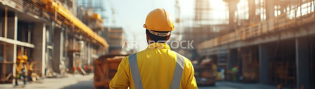 Construction by the hands of the sons of the homeland, the concept of engineering and architectural construction, a picture from the back of a Saudi Arabian Gulf engineer wearing a helmet and a protective vest supervising the implementation of engineering plans, working in the engineering sector, Saudi professions and jobs