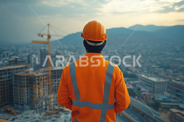 Construction by the hands of the sons of the homeland, the concept of engineering and architectural construction, a picture from the back of a Saudi Arabian Gulf engineer wearing a helmet and a protective vest supervising the implementation of engineering plans, working in the engineering sector, Saudi professions and jobs