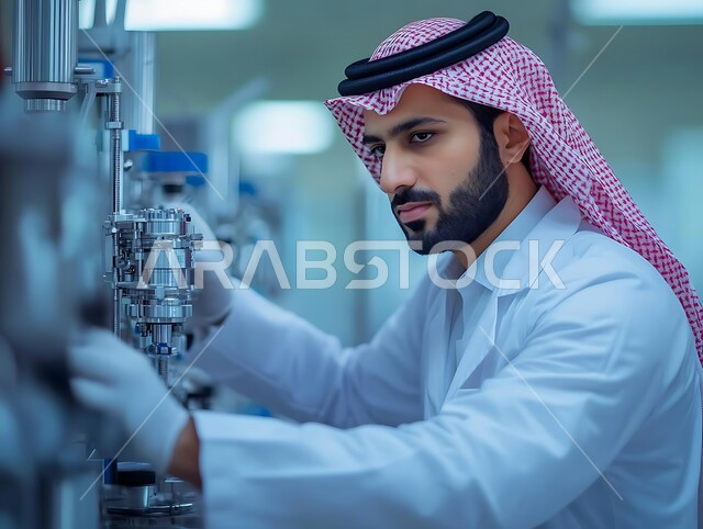 Scientific research and development concept, development of biotechnology in scientific laboratories in Saudi Arabia, medicine and health care, close-up side view of a Saudi Arabian Gulf doctor wearing a white coat and red keffiyeh monitoring the quality of a machine