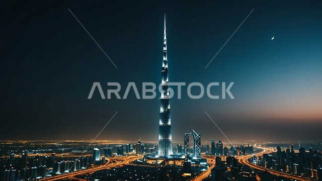مبنى برج خليفة المضاء ليلا, الفن الهندسي المعماري لبناء الأبراج و ناطحات السحاب في دبي, المعالم و الأماكن السياحية المشهورة, المباني و المنشآت التجارية و السكنية في الإمارات العربية المتحدة