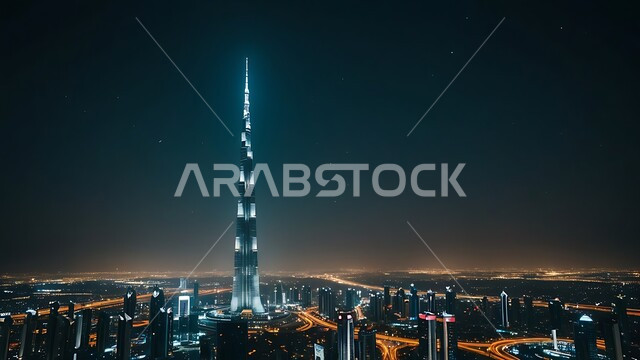 Burj Khalifa illuminated at night, architectural art of building towers and skyscrapers in Dubai, famous landmarks and tourist places, commercial and residential buildings and facilities in the United Arab Emirates