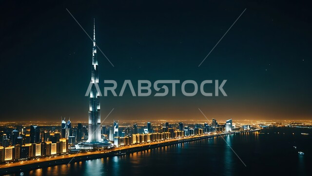 الفن الهندسي المعماري لبناء الأبراج و ناطحات السحاب في دبي, مبنى برج خليفة المضاء ليلا, المعالم و الأماكن السياحية المشهورة, المباني و المنشآت التجارية و السكنية في الإمارات العربية المتحدة