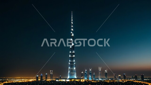 Burj Khalifa illuminated at night, architectural art of building towers and skyscrapers in Dubai, famous landmarks and tourist places, commercial and residential buildings and facilities in the United Arab Emirates