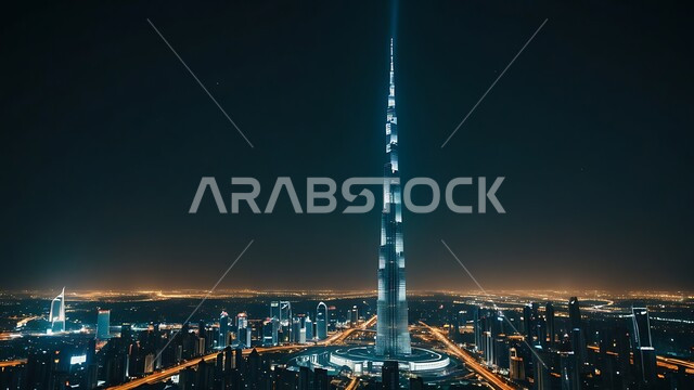 Burj Khalifa illuminated at night, architectural art of building towers and skyscrapers in Dubai, famous landmarks and tourist places, commercial and residential buildings and facilities in the United Arab Emirates