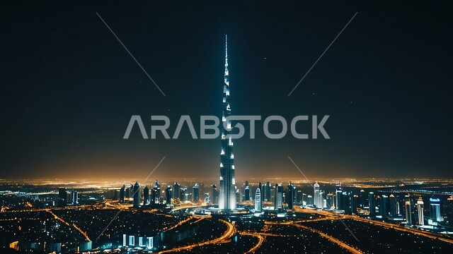 الفن الهندسي المعماري لبناء الأبراج و ناطحات السحاب في دبي, مبنى برج خليفة المضاء ليلا, المعالم و الأماكن السياحية المشهورة, المباني و المنشآت التجارية و السكنية في الإمارات العربية المتحدة