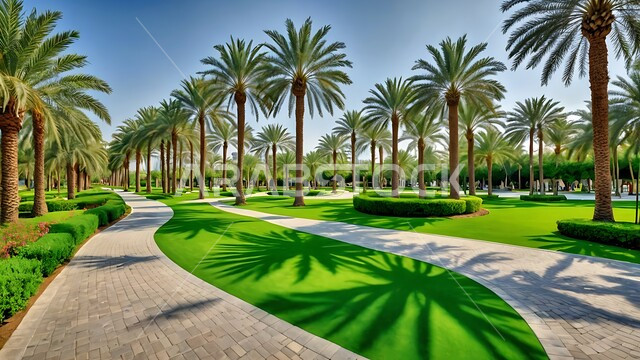 A walkway designed from stone pieces inside a garden, the vast green spaces in the Kingdom of Saudi Arabia, the concept of walking and entertainment, interest in planting trees and green plants, the background of nature