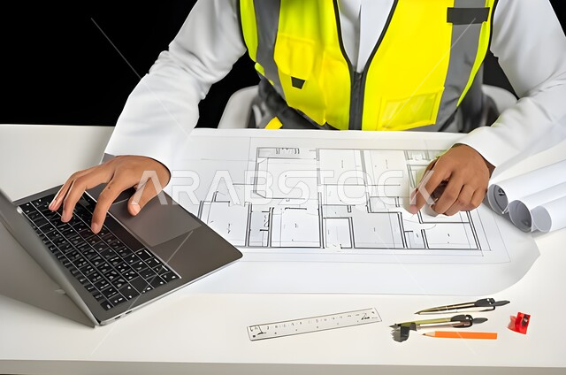 Working in the engineering sector, the concept of project management and auditing, close-up portrait of a Saudi Arabian Gulf engineer wearing traditional thobe and a protective jacket sitting behind a desk following up on work and project plans, black background