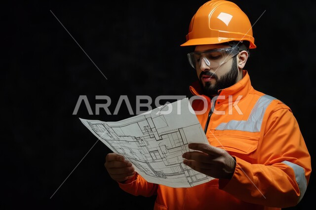 Reviewing engineering plans, the role of structural engineering in the development of Saudi society, close-up portrait of a Saudi Arabian Gulf engineer wearing a helmet, safety glasses and a work jacket holding a project plan in his hands, supervising the workflow, black background