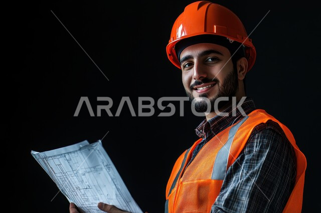 The role of structural engineering in the development of Saudi society, close-up portrait of a Saudi Arabian Gulf engineer wearing a safety helmet and work jacket holding a project plan in his hands and looking at the camera with gestures of confidence, supervising the workflow, reviewing engineering plans, black background