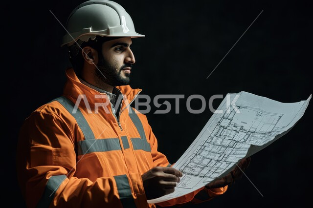 الإشراف على سير العمل, مراجعة الخطط الهندسية, دور الهندسة الإنشائية في تطور المجتمع السعودي, بورتريه مقرب لمهندس عربي خليجي سعودي يرتدي خوذة الحماية والسترة الخاصة بالعمل يمسك بيديه مخطط المشروع, خلفية سوداء