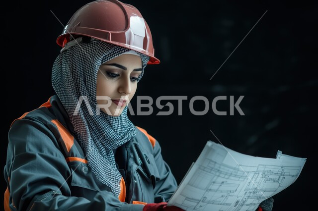 عمل النساء في القطاع الهندسي, التصاميم المعمارية وتدقيق المخططات, بورتريه لمهندسة عربية خليجية سعودية محجبة ترتدي سترة الحماية والخوذة تمسك مخطط الإعمار, مهن ووظائف نسائية, تقدم المشاريع الهندسية في السعودية, خلفية سوداء