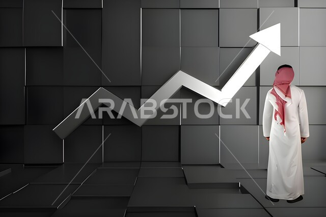 النجاح في التداول المالي ، رجل عربي خليجي سعودي يقف امام حائط عليه مؤشر صعود السهم ، متابعة الرسم البياني لسوق الاوراق المالية، مراقبة صعود ونزول البورصة المالية ، الاقتصاد والنمو المالي