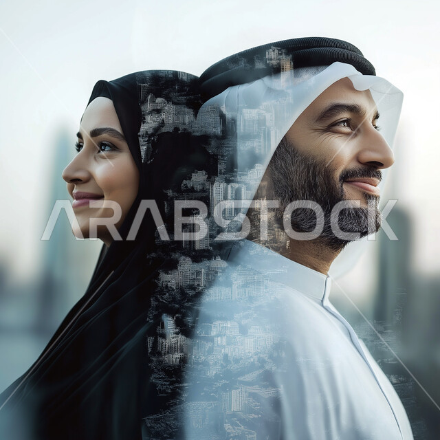 المشاركة في العمل الجماعي, بوستر غلاف الأعمال السعودية, صورة مقربة لرجل عربي خليجي سعودي بالزي السعودي التقليدي وسيدة اعمال عربية خليجية سعودية, المساعدة والتعاون في تطوير الاعمال، شركة سعودية و بيئة عمل مريحة