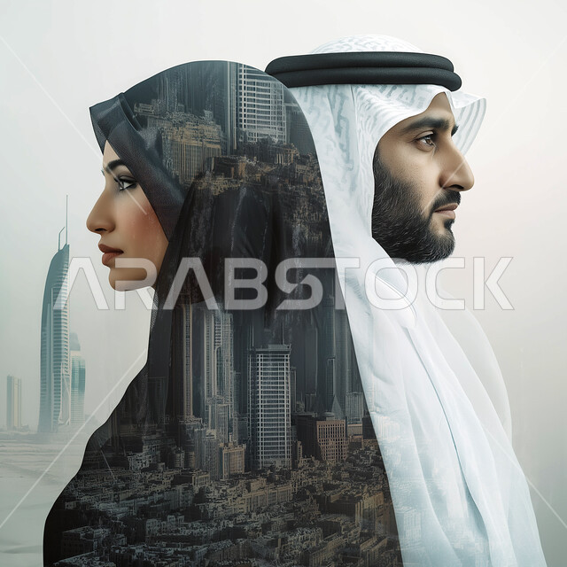 Participation in teamwork, Saudi business cover poster, a close-up photo of a Saudi Gulf Arab man in traditional Saudi dress and a Saudi Gulf Arab businesswoman, assistance and cooperation in business development, a Saudi company and a comfortable work environment