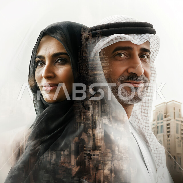 المشاركة في العمل الجماعي, بوستر غلاف الأعمال السعودية, صورة مقربة لرجل عربي خليجي سعودي بالزي السعودي التقليدي وسيدة اعمال عربية خليجية سعودية, المساعدة والتعاون في تطوير الاعمال، شركة سعودية و بيئة عمل مريحة