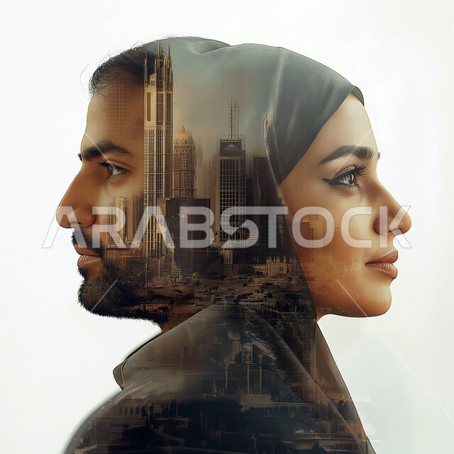 المشاركة في العمل الجماعي, صورة غلاف الأعمال السعودية, بورتريه مقرب لرجل عربي خليجي سعودي بالزي السعودي التقليدي وسيدة اعمال عربية خليجية سعودية, المساعدة والتعاون في تطوير الاعمال، شركات و بيئة عمل مريحة