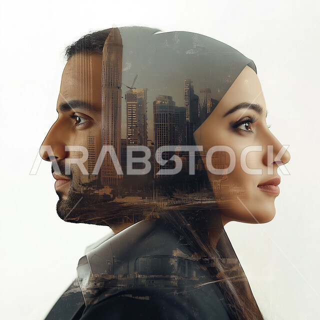 المشاركة في العمل الجماعي, صورة غلاف الأعمال السعودية, بورتريه مقرب لرجل عربي خليجي سعودي بالزي السعودي التقليدي وسيدة اعمال عربية خليجية سعودية, المساعدة والتعاون في تطوير الاعمال، شركات و بيئة عمل مريحة