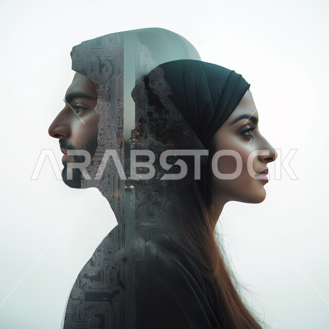 المشاركة في العمل الجماعي, صورة غلاف الأعمال السعودية, بورتريه مقرب لرجل عربي خليجي سعودي بالزي السعودي التقليدي وسيدة اعمال عربية خليجية سعودية, المساعدة والتعاون في تطوير الاعمال، شركات و بيئة عمل مريحة