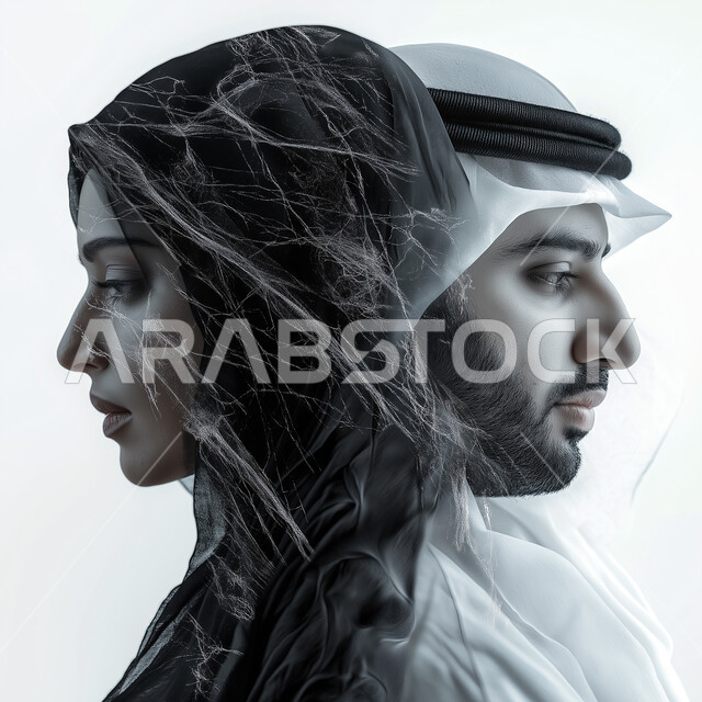 المشاركة في العمل الجماعي, صورة غلاف الأعمال السعودية, بورتريه مقرب لرجل عربي خليجي سعودي بالزي السعودي التقليدي وسيدة اعمال عربية خليجية سعودية, المساعدة والتعاون في تطوير الاعمال، شركات و بيئة عمل مريحة