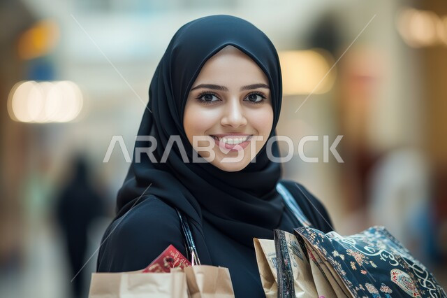 الاستفادة من التخفيضات الموسمية، صورة مقربة لإمرأة عربية خليجية سعودية محجبة ترتدي عباءة سوداء تحمل بيدها أكياس تسوق ملونة، النظرإلى الكاميرا بإيماءات السرور، الاستمتاع بالتسوق و الحصول على العروض, شراء الأغراض الجديدة من المول