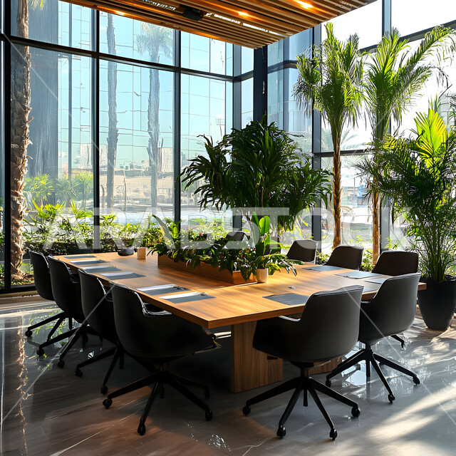 التصميم العصري الحديث للمكاتب في الشركات السعودية، غرفة اجتماعات واسعة مع طاولة محاطة بكراسي، النوافذ والواجهات الزجاجية، غرف مكتبية بتصاميم وديكورات داخلية فاخرة