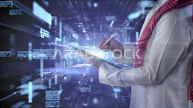 وظيفة مطور ويب ، رجل عربي خليجي سعودي يحمل جهاز تقني  تابلت  و قلم للكتابة مدموجة بشاشة خاصة باللغات البرمجية بخاصية الهولوجرام ثلاثية الابعاد ،استخدام لغات البرمجة و تطوير المواقع و التطبيقات الالكترونية