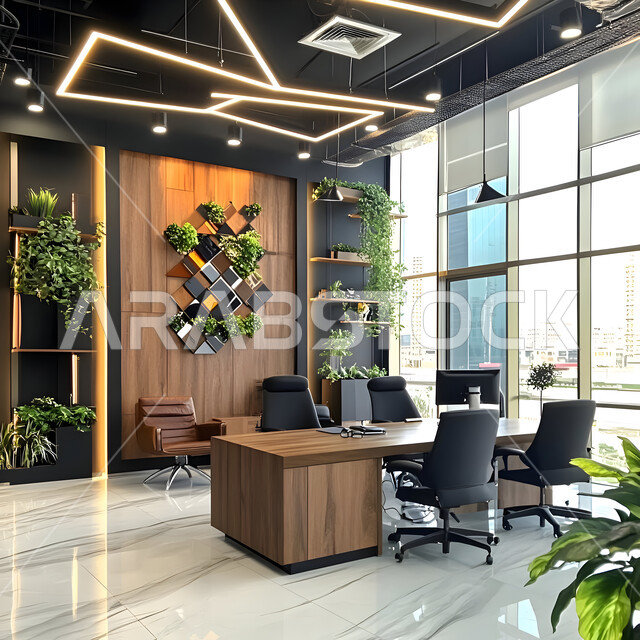 تصاميم داخلية وديكورات راقية على الطراز الحديث, تصميم عصري لمكاتب شركات المملكة العربية السعودية, تجهيزات مكتبية حديثة بأثاث أنيق ومريح، واجهات زجاجية ضخمة في مكتب العمل