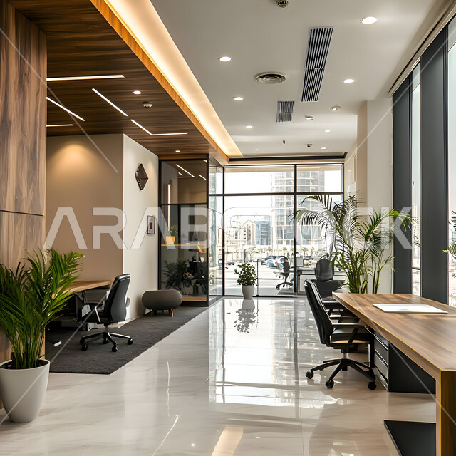 تصاميم داخلية وديكورات راقية على الطراز الحديث, تصميم عصري لمكاتب شركات المملكة العربية السعودية, تجهيزات مكتبية حديثة بأثاث أنيق ومريح، واجهات زجاجية ضخمة في مكتب العمل