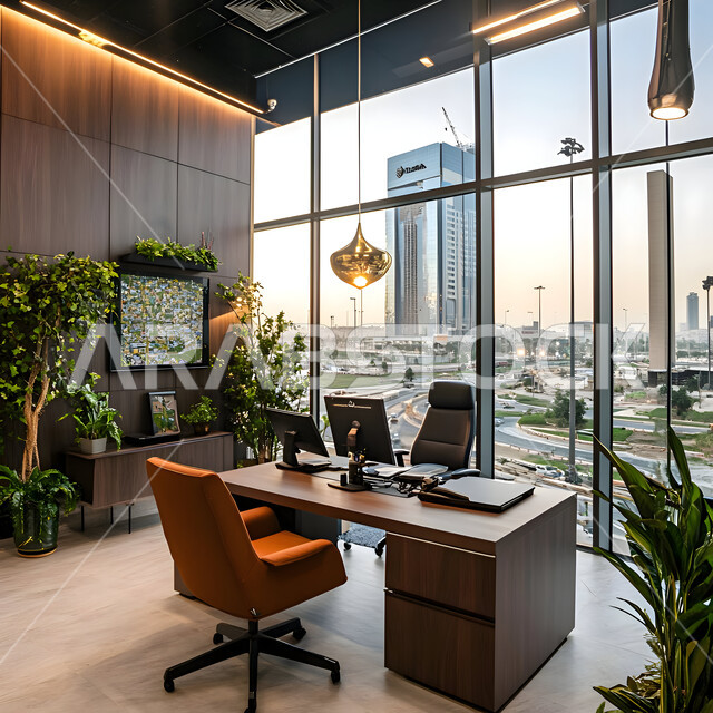 تصاميم داخلية وديكورات راقية على الطراز الحديث, تصميم عصري لمكاتب شركات المملكة العربية السعودية, تجهيزات مكتبية حديثة بأثاث أنيق ومريح، واجهات زجاجية ضخمة في مكتب العمل