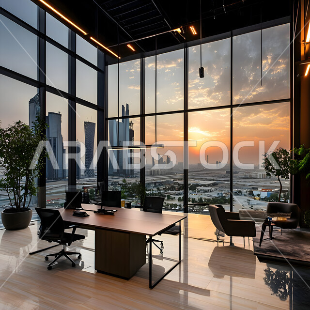 تصاميم داخلية وديكورات راقية على الطراز الحديث, تصميم عصري لمكاتب شركات المملكة العربية السعودية, تجهيزات مكتبية حديثة بأثاث أنيق ومريح، واجهات زجاجية ضخمة في مكتب العمل