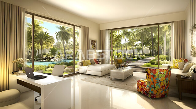 ديكور داخلي راقي للفلل والشقق السكنية في المملكة العربية السعودية، غرفة معيشة بأثاث منزلي فاخر، النوافذ والواجهات الزجاجية المطلة على الاشجار، الاكسسوارات والأضواء العصرية, التصاميم الداخلية لغرف الجلوس على الطراز الحديث