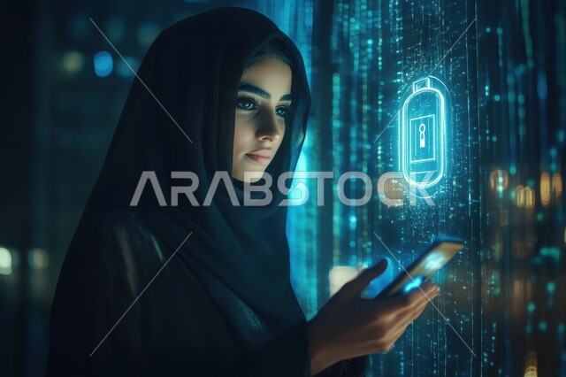 تحسين كفاءة العمل، صورة مقربة لإمرأة عربية خليجية سعودية محجبة ترتدي عباءة تعمل على جهازالهاتف المحمول، استخدام التقنيات الالكترونية الحديثة، شاشات الكترونية مضيئة، عناصر ورموز هولوجرامية ثلاثية الابعاد، النمو التكنولوجي في الذكاء الاصطناعي