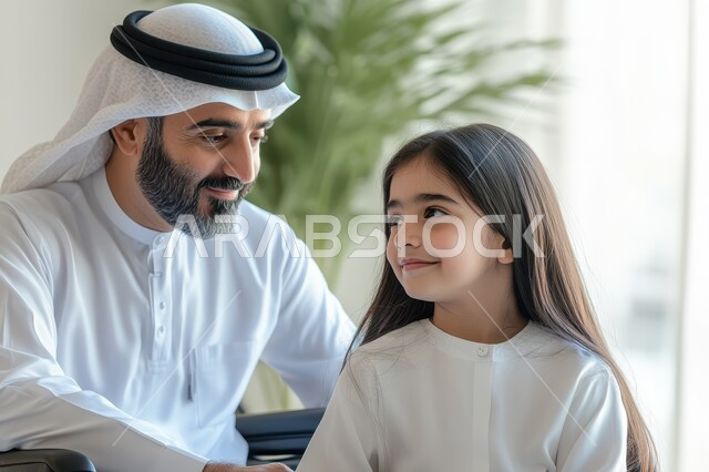 مفهوم الترابط الأسري, الأبوة وحنان الأب, رجل عربي خليجي سعودي يرتدي الثوب التقليدي يجلس ويتحدث مع ابنته, ايماءات السرور والسعادة، دردشة وحوارات وقضاء أوقات ممتعة مع الأبناء, تحمل مسؤولية والاعتناء بهم